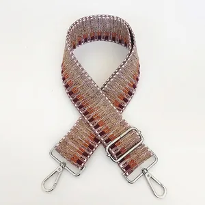 Adjustable geometric embroidery shoulder strap with silver metal hooks for handbags