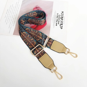 Macro view of bohemian woven bag strap with golden metal clips and ethnic patterns