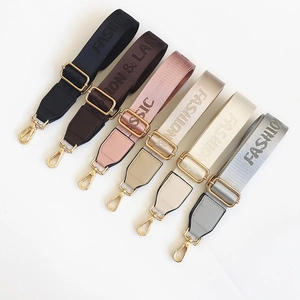 Detail of adjustable nylon straps in six colors with fashion lettering and gold hooks