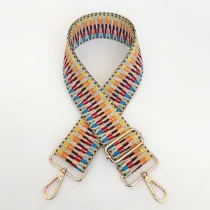Adjustable bohemian wide woven shoulder strap with colorful patterns and gold hooks