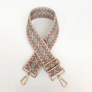 Detail of bohemian geometric canvas strap with gold hooks in mint and pink