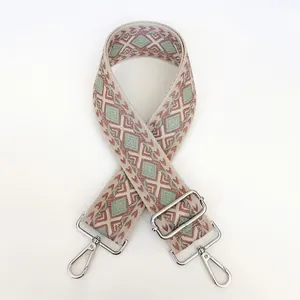 Detail of teal and beige geometric patterned canvas strap with silver metal buckle and hook