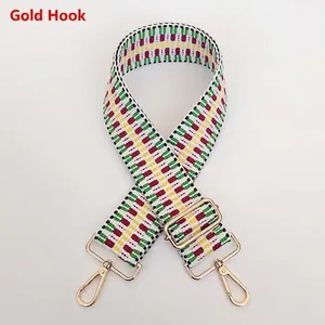 Detailed view of adjustable multi-color woven strap with golden metal hooks for bags