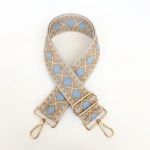 Close-up of adjustable canvas strap with blue geometric jacquard and gold metal hooks