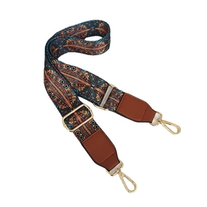 Bohemian wide woven shoulder strap for bags with ethnic patterns and gold metal hooks