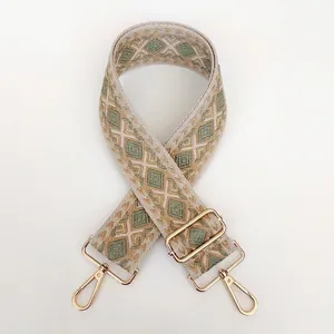 Close-up of diamond pattern jacquard canvas strap with adjustable gold lobster hooks
