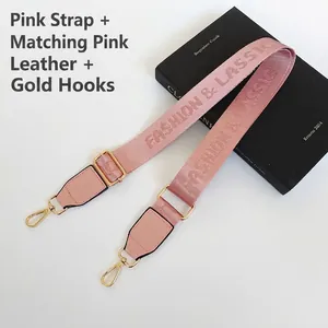 Pink nylon replacement bag strap with Fashion & Classic embroidery and gold hooks
