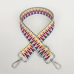 Detail view of woven colorful geometric pattern strap with silver metal swivel hooks
