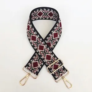 Detail view of thickened canvas strap with colorful diamond jacquard and gold metal hooks