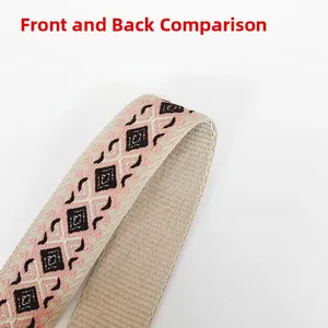 Close-up showing front and back comparison of colorful geometric jacquard canvas bag strap