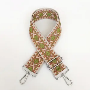 Close-up of ethnic geometric pattern jacquard woven strap with silver metal buckles