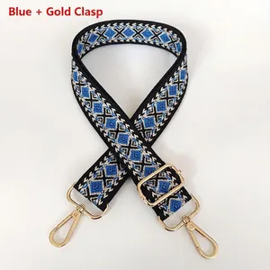 Close-up of bohemian blue diamond jacquard canvas strap with golden metal swivel hooks