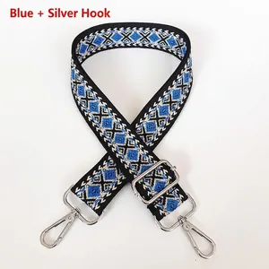 Detail view of thickened canvas strap with blue geometric jacquard and silver buckles