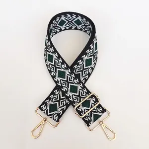 Detail of colorful geometric jacquard canvas bag strap with light gold metal swivel hooks