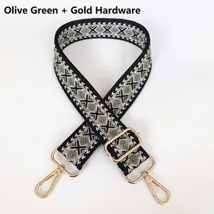 Detail of olive green jacquard strap with diamond pattern and gold metal swivel hook