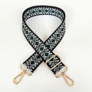 Detail of green geometric diamond weave canvas bag strap with gold metal lobster clasps