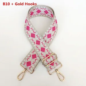 Detail of adjustable canvas strap with pink diamond pattern and gold metal buckles