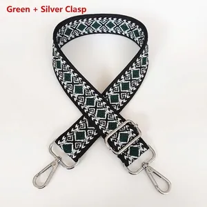 Detail of green geometric woven strap with silver swivel metal hooks and slider