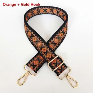 Close-up of orange diamond pattern canvas strap with adjustable gold lobster buckles