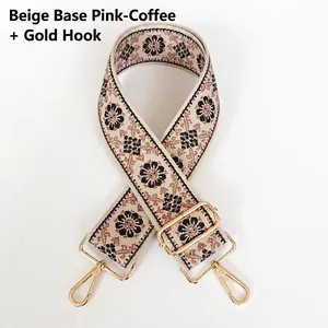 Bandoulière ethnique rétro à fleurs avec crochets dorés en blanc cassé et café rose