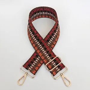 Macro detail of geometric embroidered wide bag strap with premium gold swivel hooks