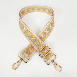 Detail view of yellow geometric woven bag strap with golden metal lobster clasps