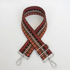 Detail of ethnic geometric wide woven bag strap with silver metal hooks and adjuster
