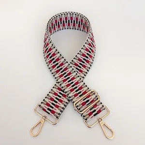 Detailed close-up of woven bag strap with red, black, and white geometric patterns