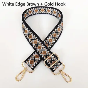 Detail of adjustable thick canvas strap with brown geometric rhombus pattern and gold hooks