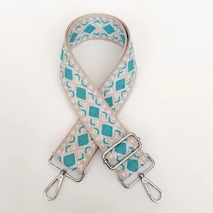 Detail of silver swivel hooks and thick woven canvas strap with green geometric pattern