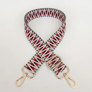 Detail view of woven geometric pattern strap with golden metal clasps for bags