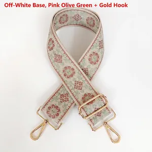 Détail de la bandoulière brodée ethnique avec crochets dorés et boucle de réglage en métal