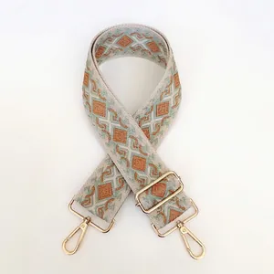 Detail of adjustable wide canvas shoulder strap with B14 geometric jacquard and gold hooks