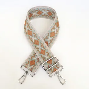 Close-up of geometric pattern jacquard canvas bag strap with silver metal swivel hooks