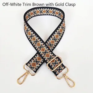 Detail of bohemian geometric rhombus pattern on thick canvas strap with gold hardware