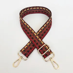 Detail of adjustable embroidered shoulder strap with geometric pattern and golden hooks