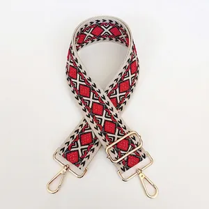 Detail of thickened canvas bag strap with red and black geometric jacquard and gold hooks