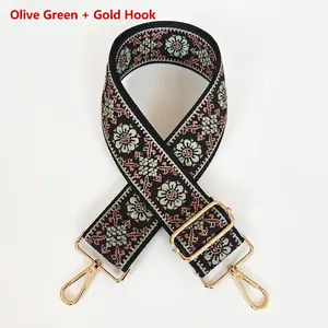 Bandoulière ethnique vert olive avec boucles dorées et mousquetons pour sacs à main