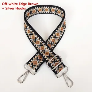 Close-up of geometric jacquard canvas bag strap with silver metal hooks and buckle