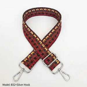 Detail of adjustable woven bag strap with colorful geometric jacquard and silver buckles