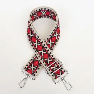 Close-up of ethnic geometric jacquard bag strap with silver metal lobster clasps
