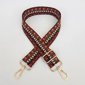 Adjustable ethnic style woven bag strap with geometric patterns and gold metal hooks