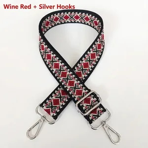 Detail view of jacquard canvas strap with geometric diamond patterns and silver metal hooks