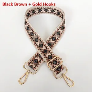 Adjustable wide canvas shoulder strap with geometric diamond jacquard and gold metal hooks