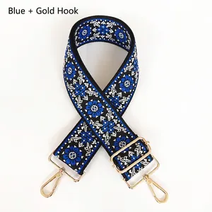 Gros plan de la bandoulière jacquard bleue avec mousquetons en métal doré