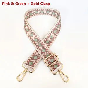 Detail of adjustable geometric canvas bag strap in pink green with gold swivel hooks