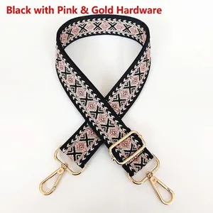 Adjustable geometric diamond jacquard canvas shoulder strap with gold hooks in black and pink