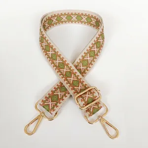 Detail of adjustable geometric canvas bag strap with gold hooks and retro patterns