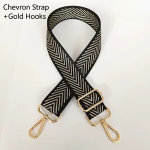 Detail of adjustable black and gold arrow pattern woven strap with golden metal hooks