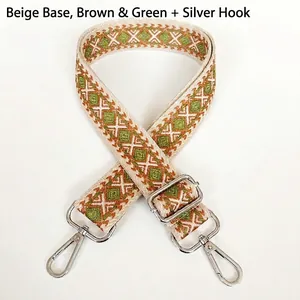 Detail of adjustable thick canvas strap with ethnic jacquard pattern and silver lobster clasps